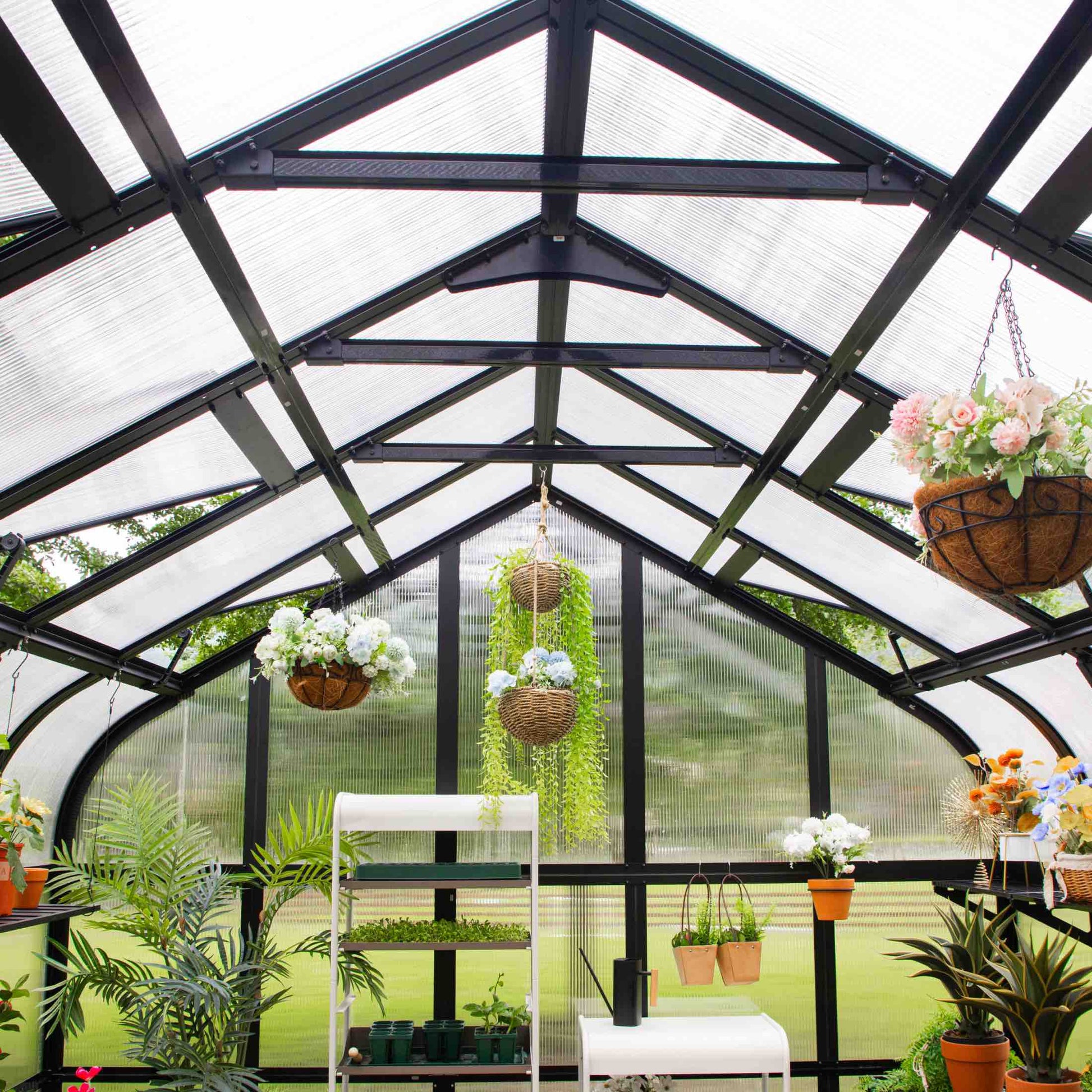 Large 10.5 ft wide greenhouse in Pacific green with clear panels and double doors set on a backyard patio
