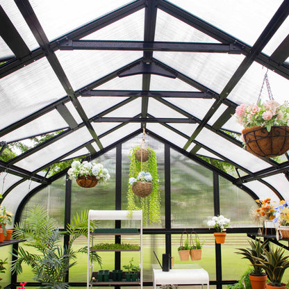 Large 10.5 ft wide greenhouse in Pacific green with clear panels and double doors set on a backyard patio