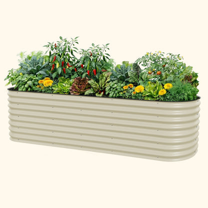 Tall 26-inch modular metal raised garden bed kit assembled outdoors with multiple connected planting sections and lush vegetables