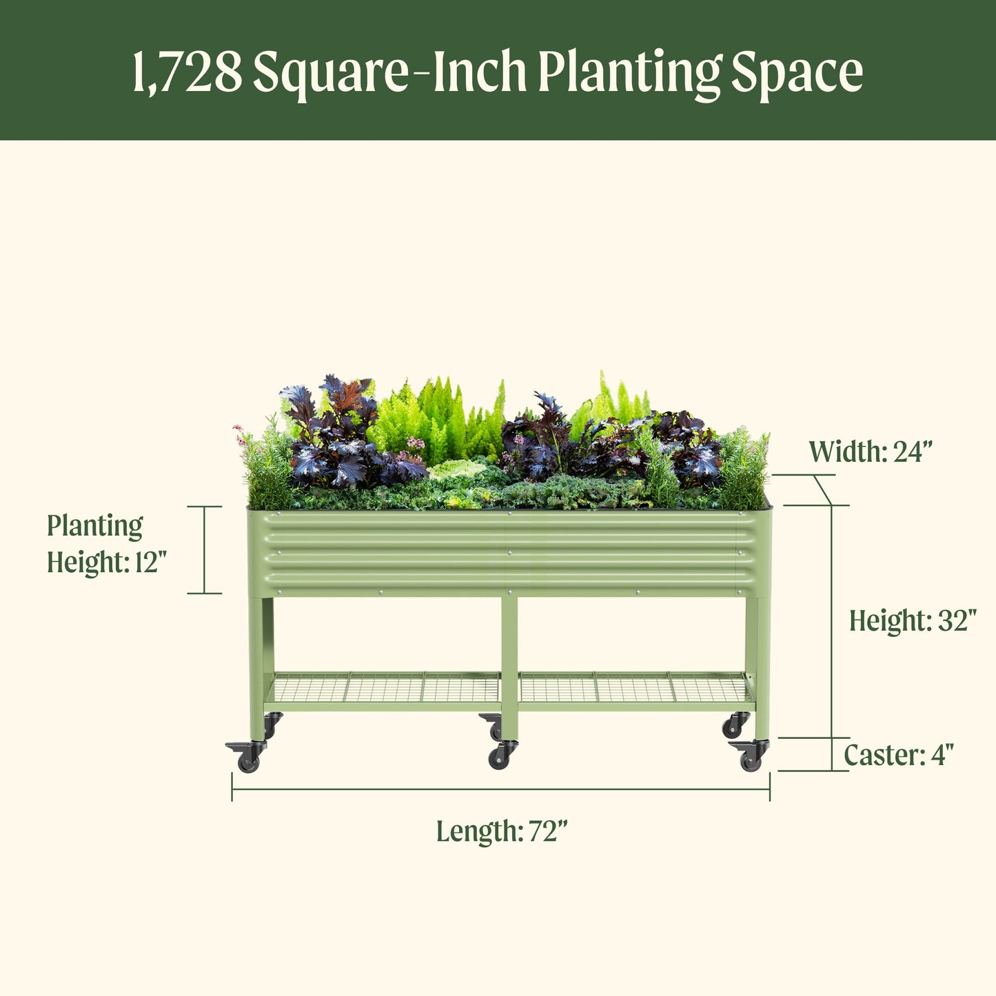 Long raised wooden garden bed planter, 2x6 feet, filled with soil and herbs against a backyard fence