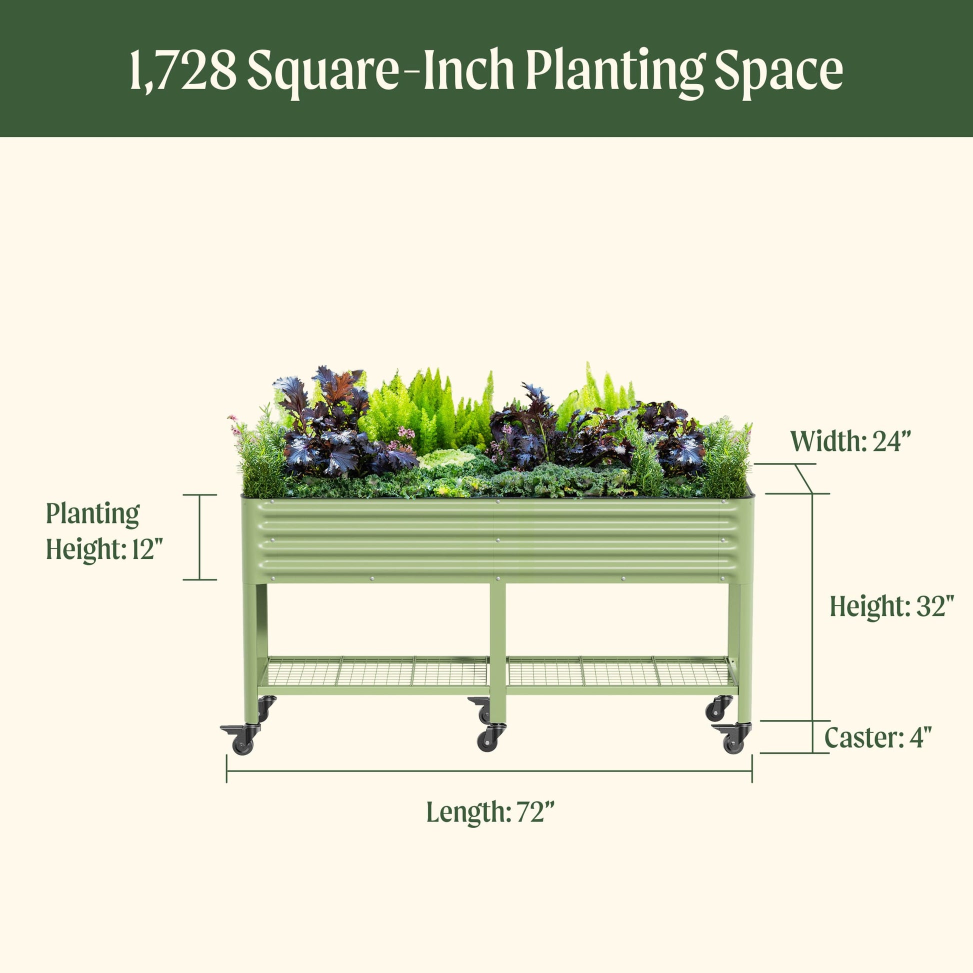 Long raised wooden garden bed planter, 2x6 feet, filled with soil and herbs against a backyard fence