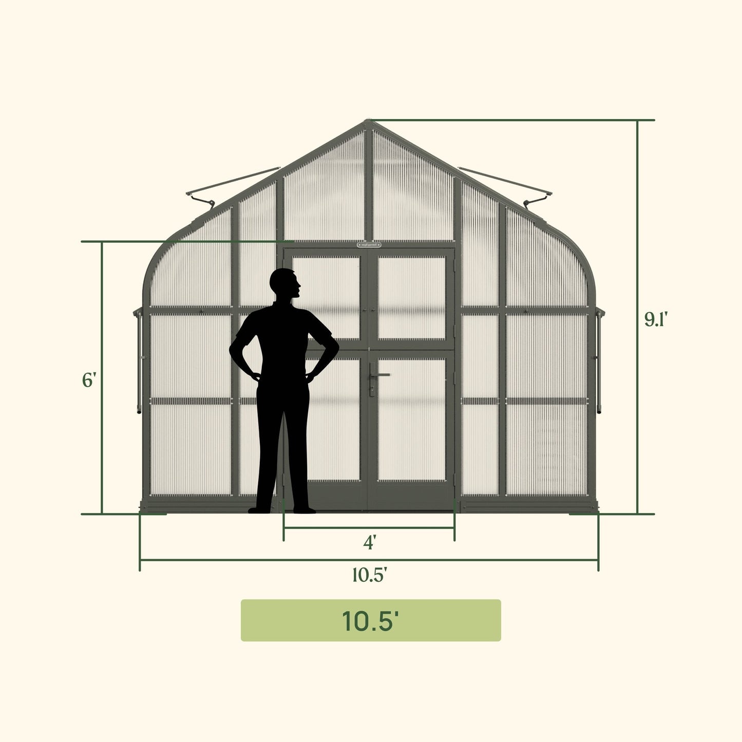 Large Pacific-style greenhouse with glass panels and vented roof sitting on a backyard patio surrounded by plants
