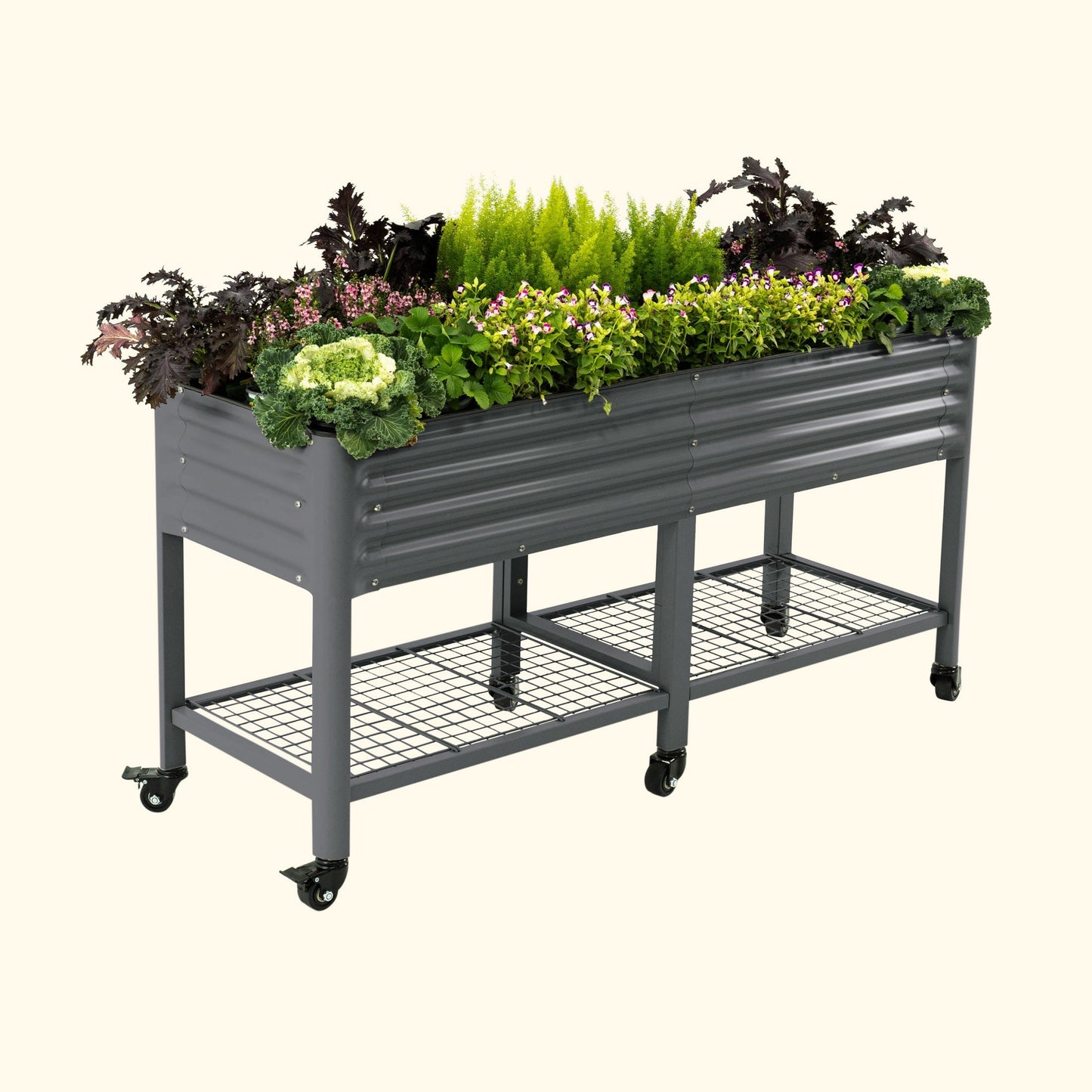 Wooden 2x6 raised garden bed planter with rich stain and corner posts set on patio with soil