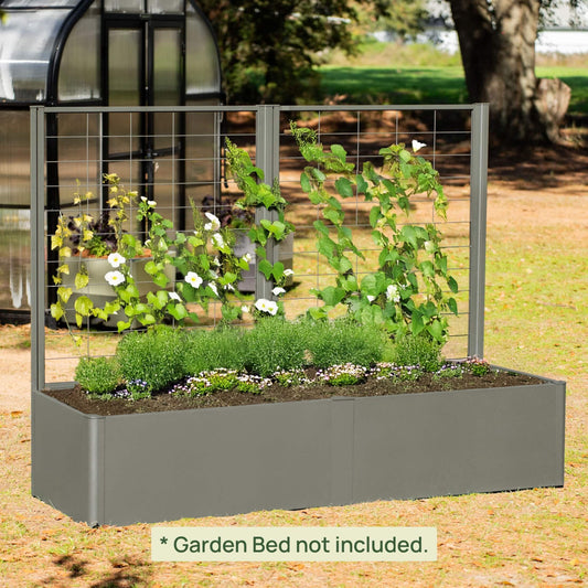 Modern wooden privacy wall trellis with vertical slats and planter shelf, shown mounted on a backyard fence