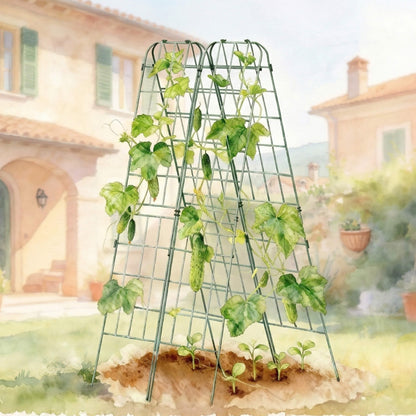 Two wooden A-frame garden trellises side by side supporting climbing plants in a backyard vegetable bed