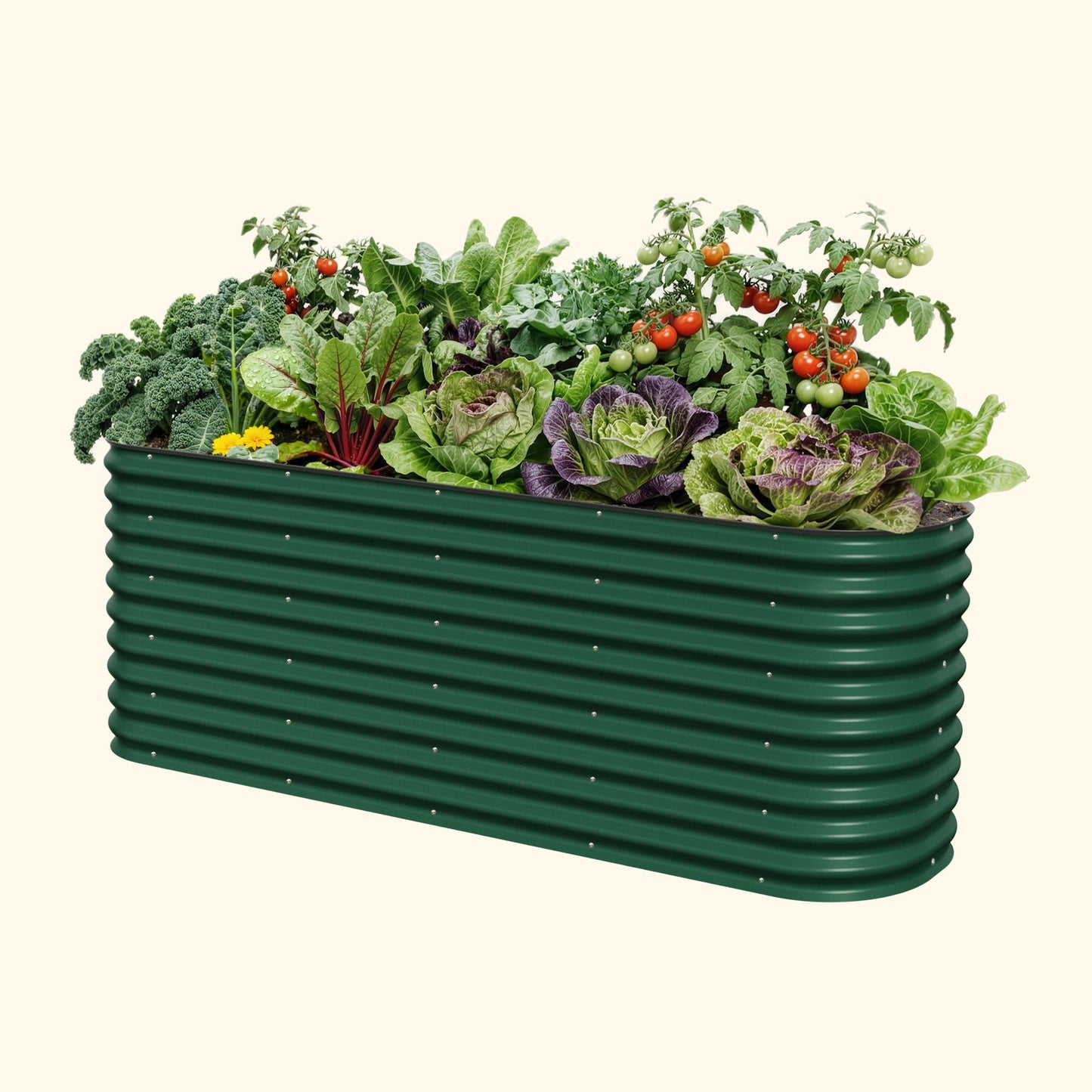 Extra-tall modular metal raised garden bed with dark panels forming a large rectangular planter in backyard