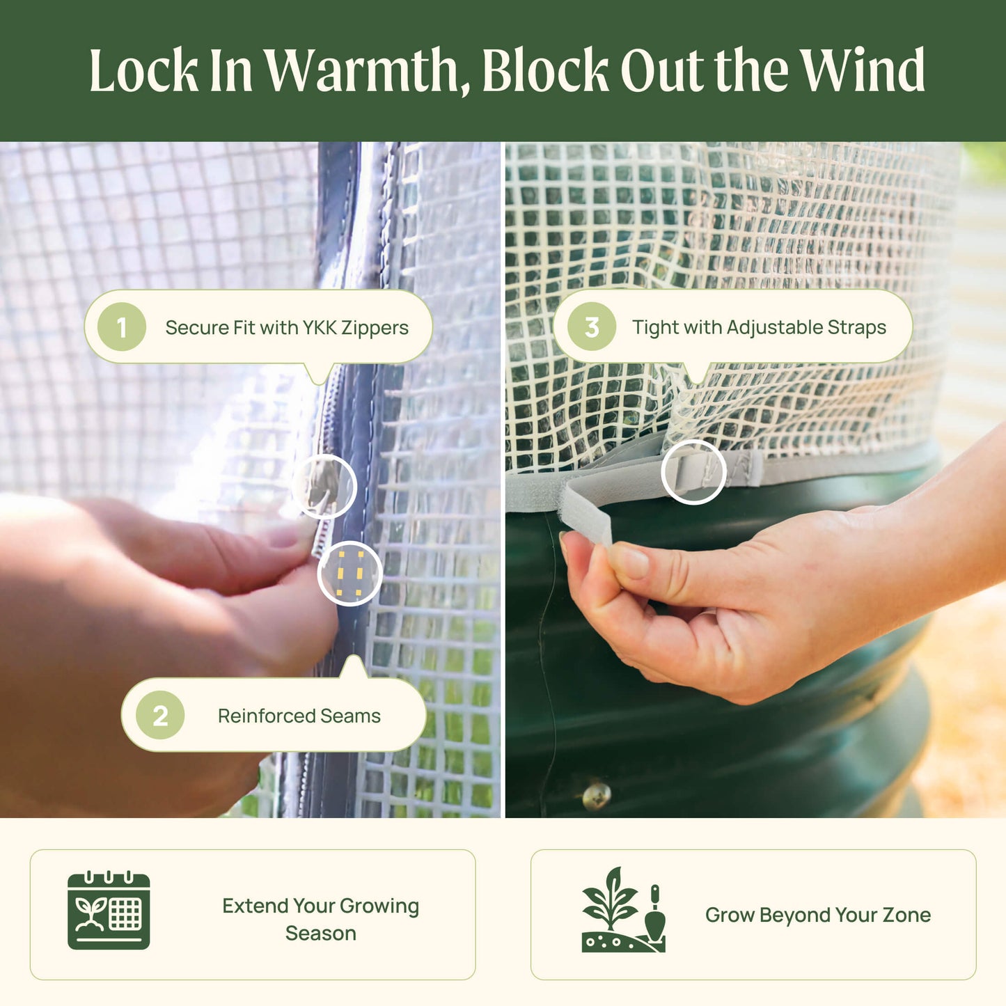 Frost protection garden cover with integrated metal trellis supporting climbing plants over raised beds