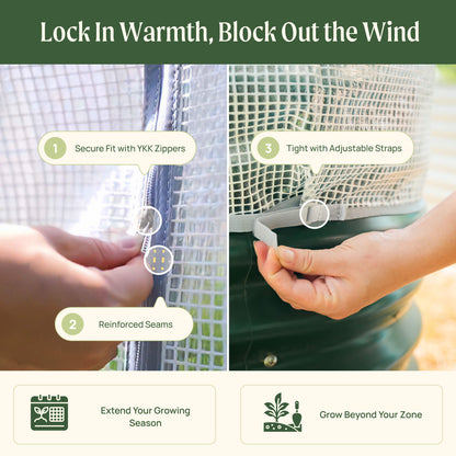 Frost protection garden cover with integrated metal trellis supporting climbing plants over raised beds
