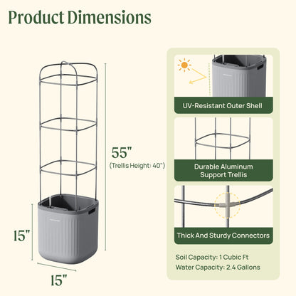 Self-watering rectangular tomato planter with soil, seedlings and a metal trellis against a white background