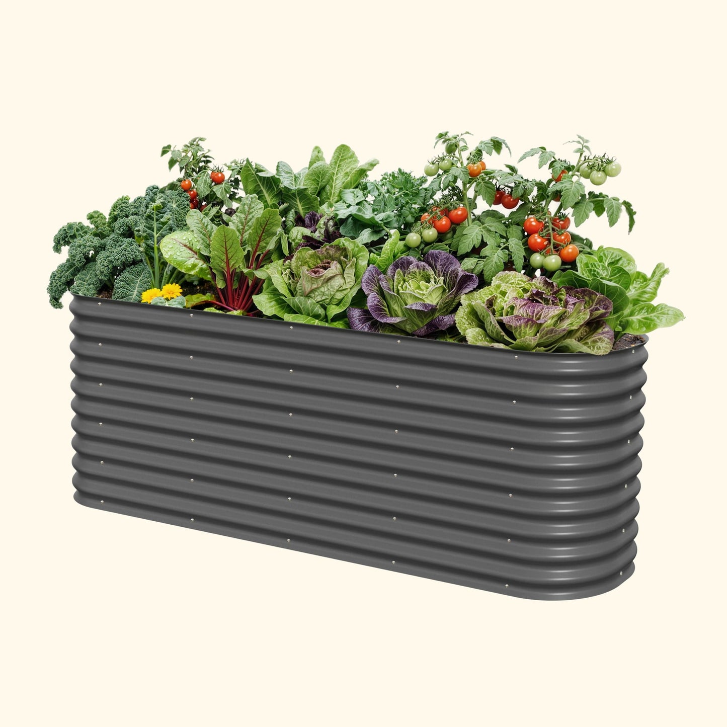 Extra-tall modular metal raised garden bed with herbs and vegetables, showing corner panels and soil depth