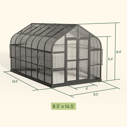 8.5ft wide greenhouse with clear panels and white metal frame standing on a gravel base among garden beds
