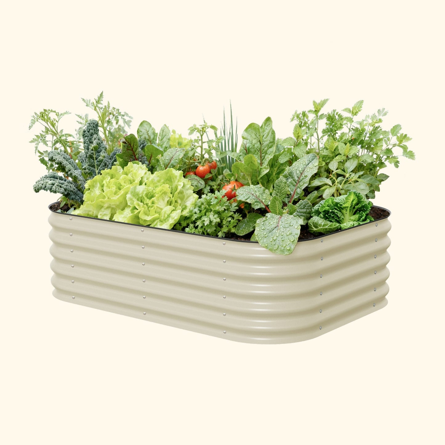 Six-sided 17-inch tall modular metal raised garden bed assembled in a rectangular layout on a patio with soil
