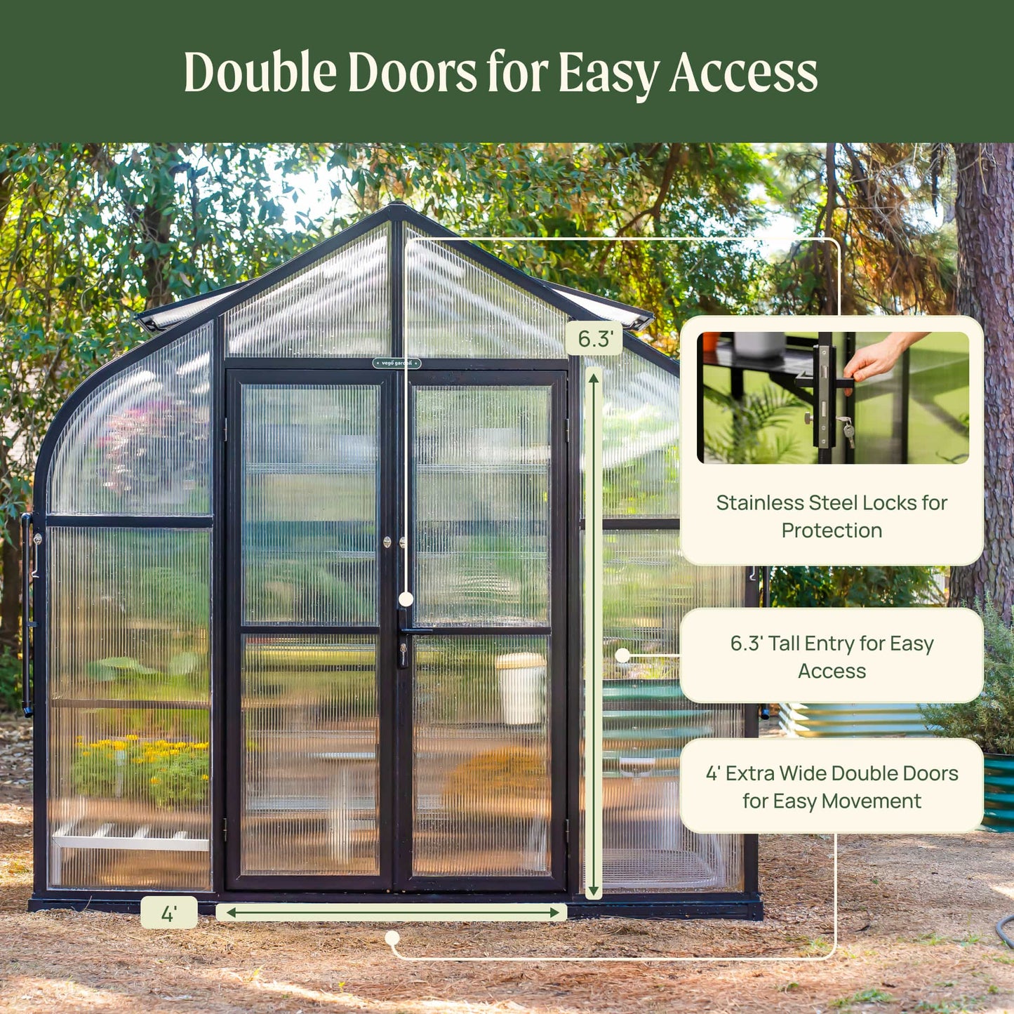 8.5ft wide Pacific greenhouse in Pacific green with curved roof and double doors on a gravel backyard pad