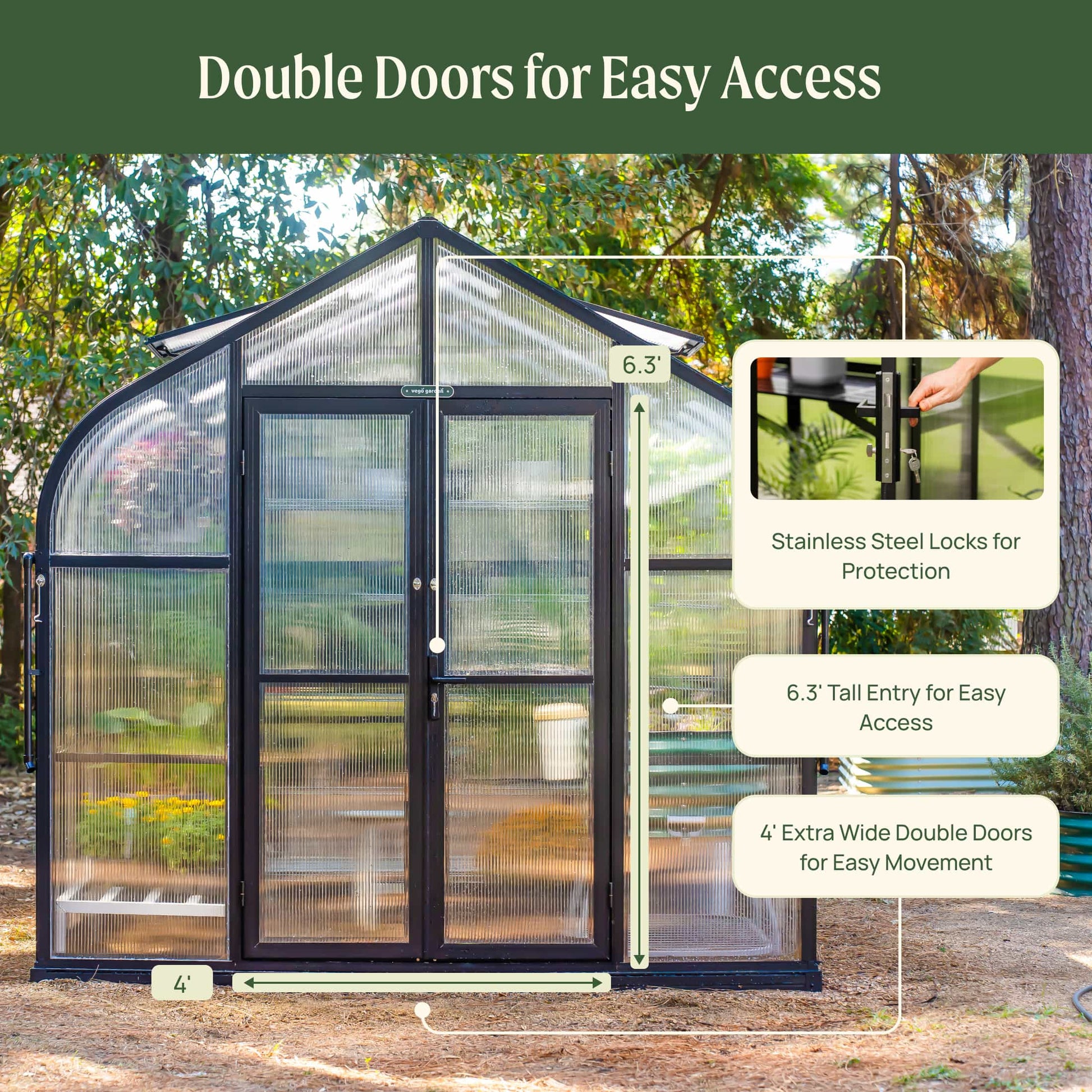 8.5ft wide Pacific greenhouse in Pacific green with curved roof and double doors on a gravel backyard pad