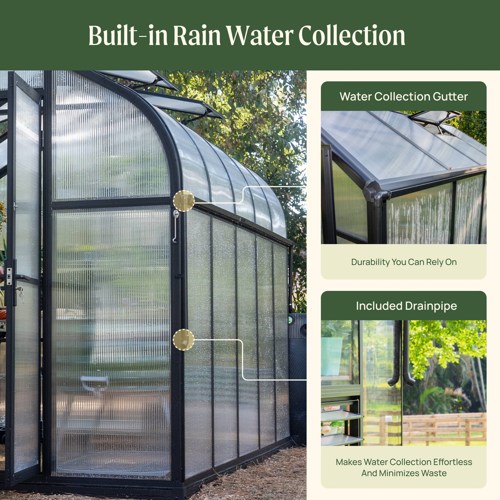 8.5ft wide Pacific greenhouse with clear panels and ventilated roof, shown in backyard garden setting