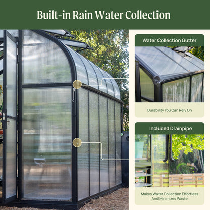 8.5ft wide Pacific greenhouse with clear panels and ventilated roof, shown in backyard garden setting