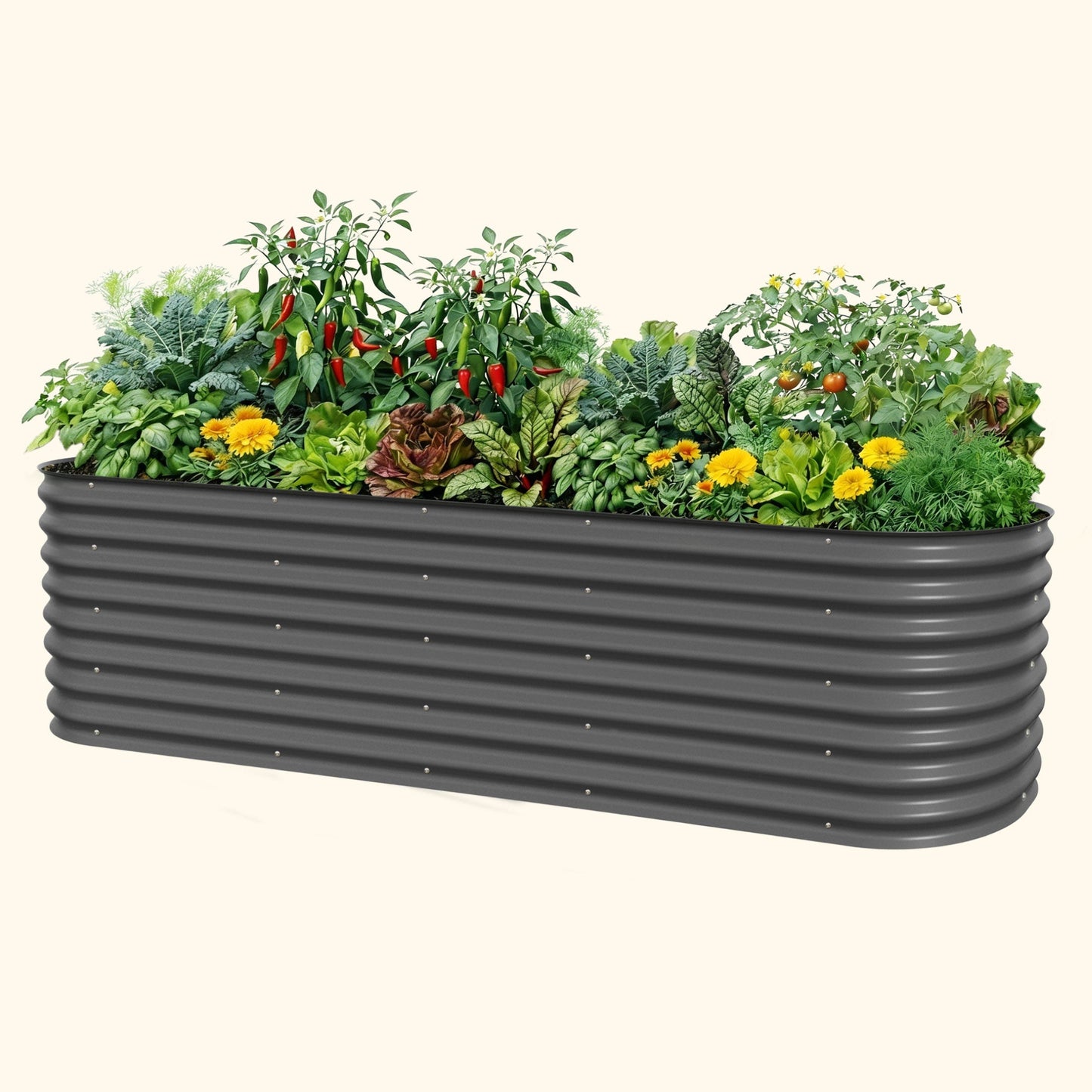 26-inch tall modular metal raised garden bed kit assembled in a backyard with leafy vegetables and herbs