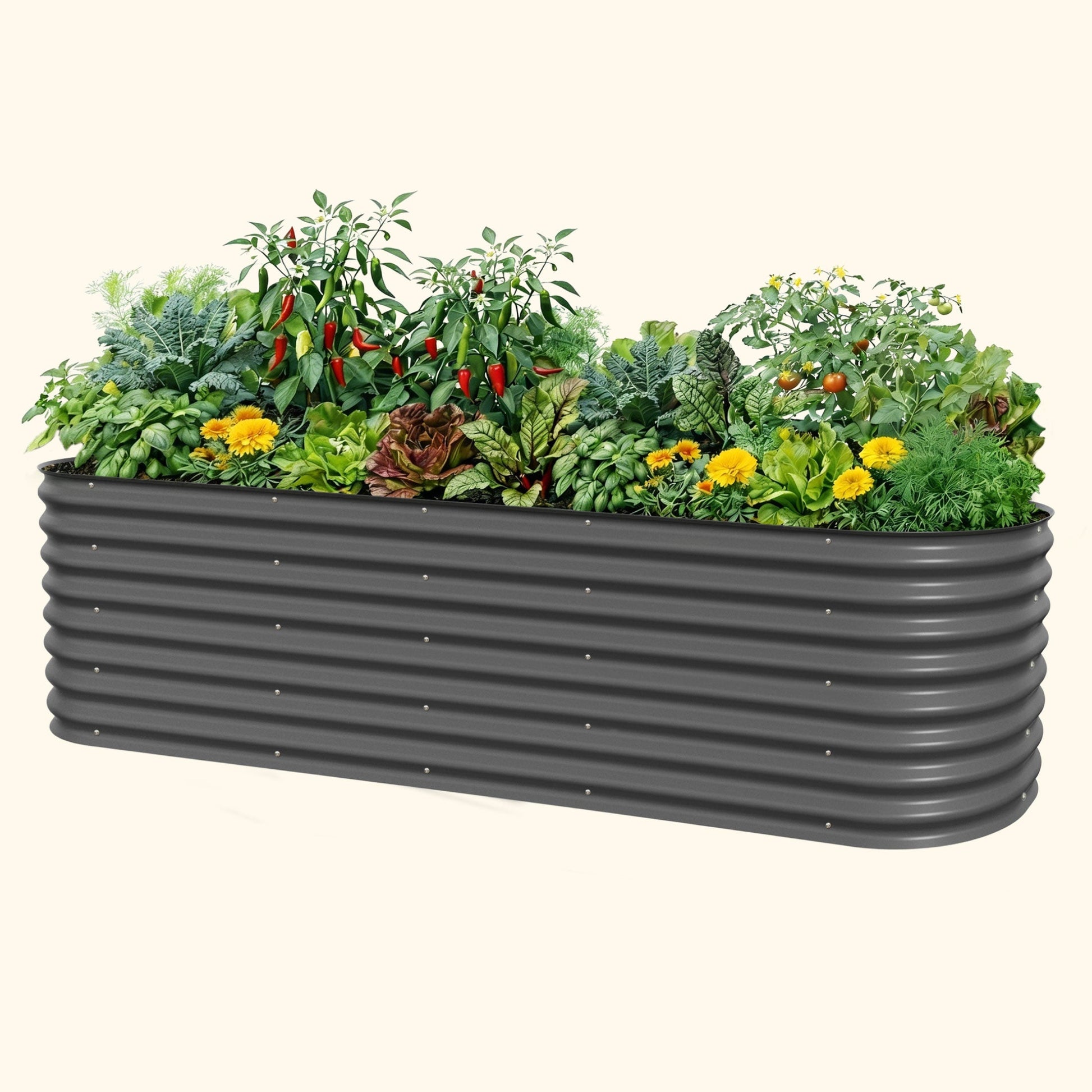 26-inch tall modular metal raised garden bed kit assembled in a backyard with leafy vegetables and herbs