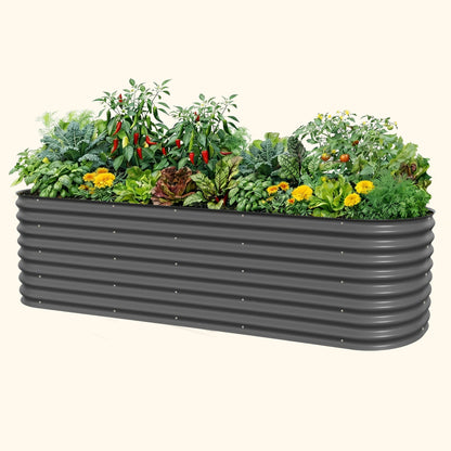 26-inch tall modular metal raised garden bed kit assembled in a backyard with leafy vegetables and herbs