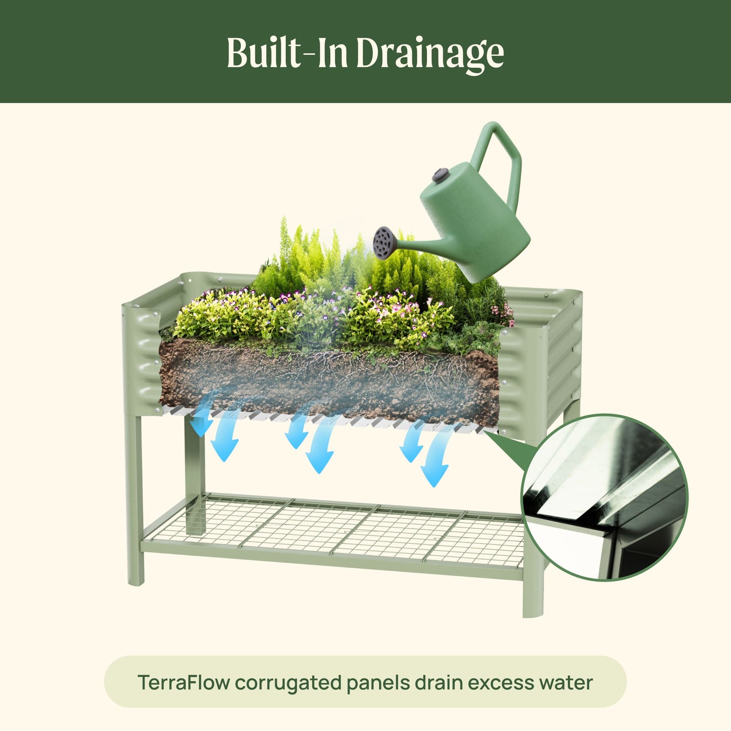 Long raised garden bed planter with sturdy wooden slats and rich soil ready for vegetables and herbs