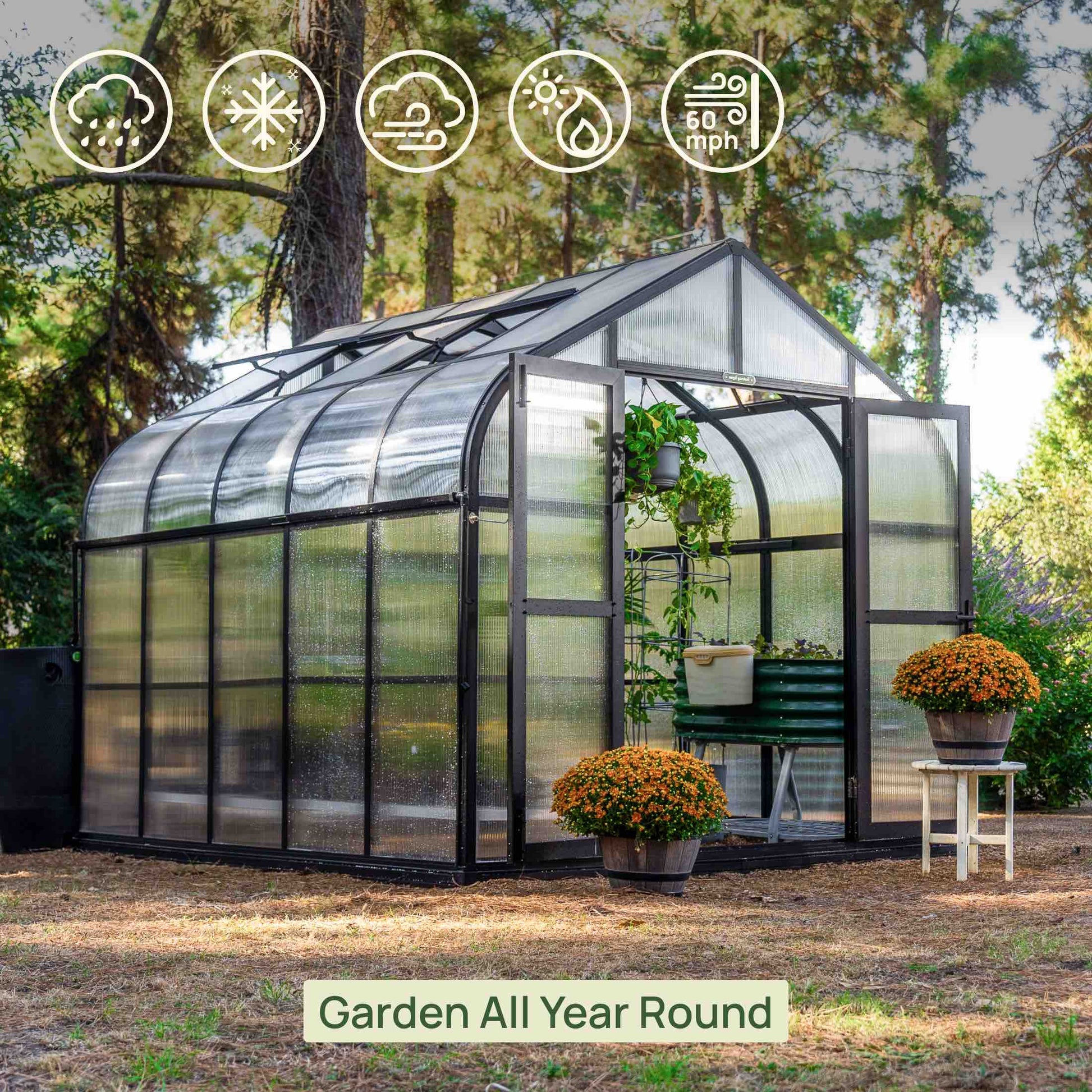 Large 8.5 ft wide green metal greenhouse with clear panels and double doors set on a backyard patio