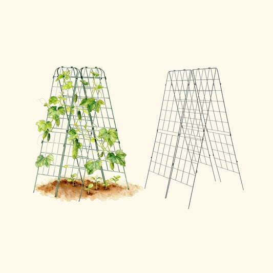 Set of two wooden A-frame garden trellises for climbing plants and vegetable support in backyard beds