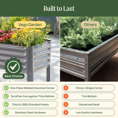 Slim elevated garden bed with metal frame and dark soil, ideal for small patios and raised vegetable planting