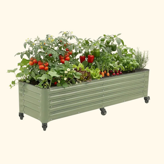Raised wooden garden bed with slatted sides and rich soil, set on grass for vegetables and flowers