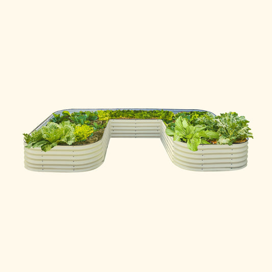 U-shaped 17" tall jumbo raised garden bed kit with wooden panels and corner posts on patio