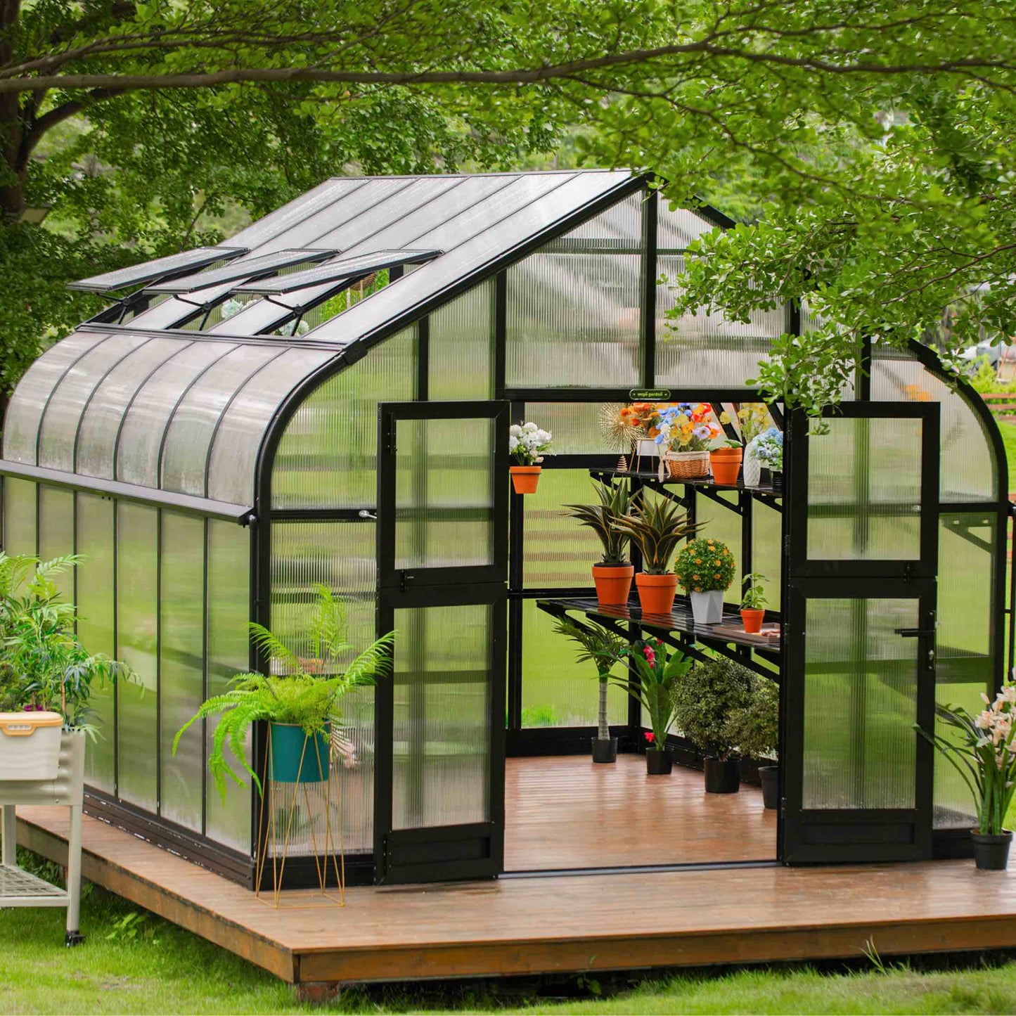 10.5 ft wide Pacific greenhouse with clear panels and metal frame set on a gravel backyard pad