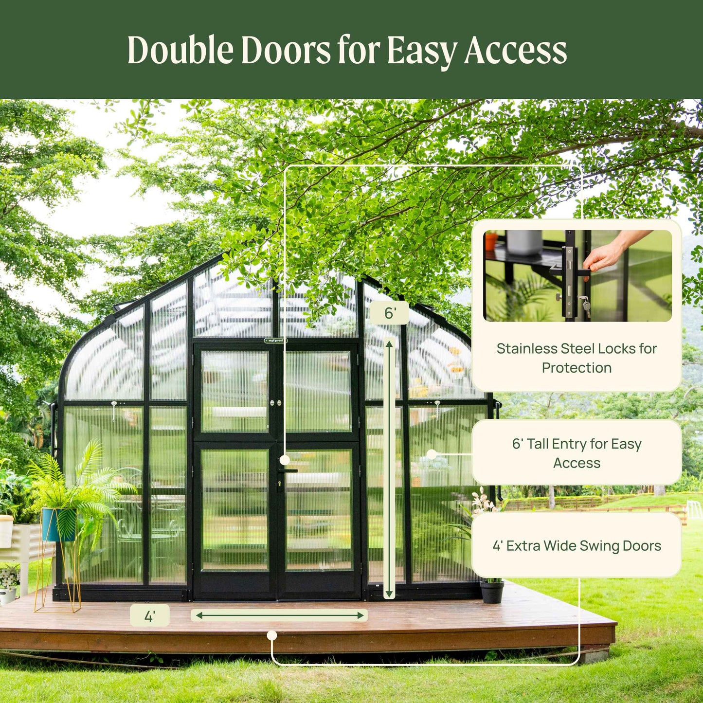 10.5 ft wide Pacific-style greenhouse with a peaked roof and clear panels set in a lush backyard garden