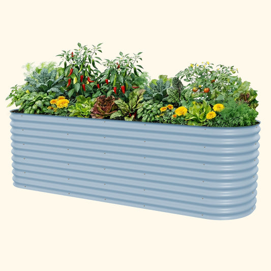 Extra-tall 32-inch modular metal raised garden bed with corrugated panels and corner posts on gravel patio