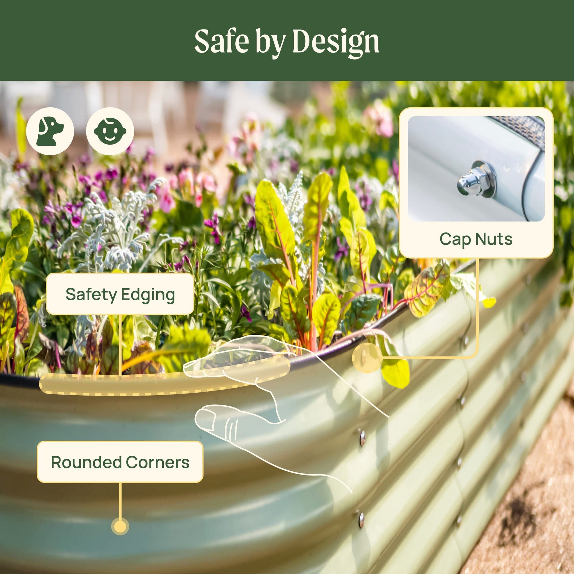 U-shaped 17-inch raised garden bed kit assembled with soil and mixed vegetables along pathway in backyard