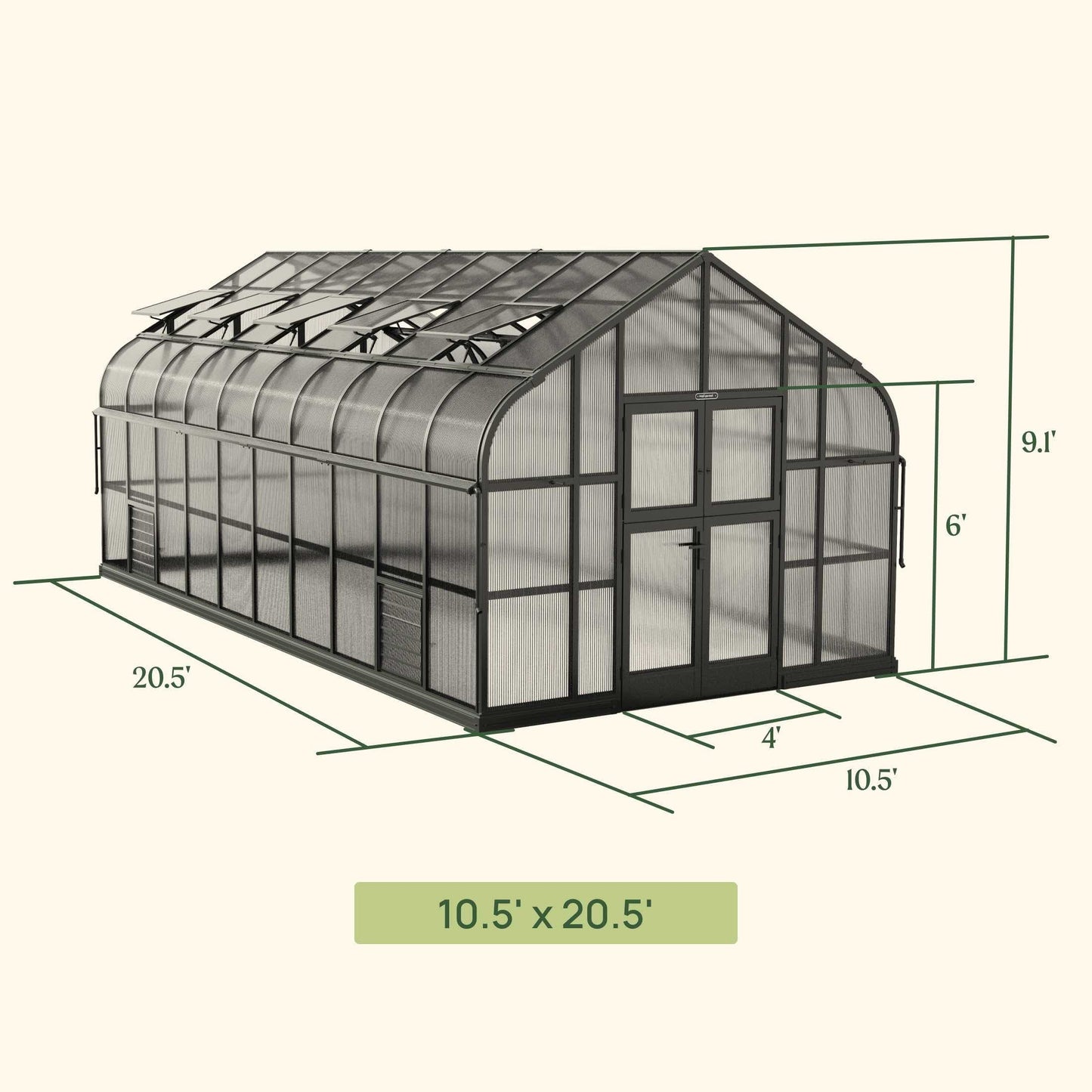 Large Pacific greenhouse with clear panels and a peaked roof set on a backyard patio, showing side vents and double door