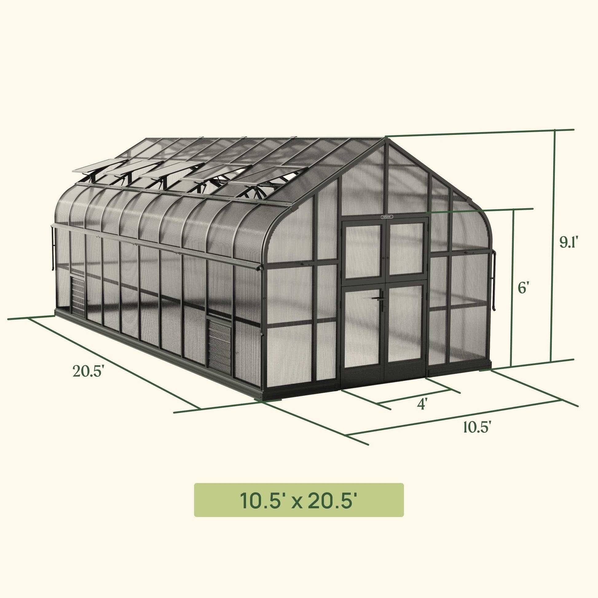 Large Pacific greenhouse with clear panels and a peaked roof set on a backyard patio, showing side vents and double door