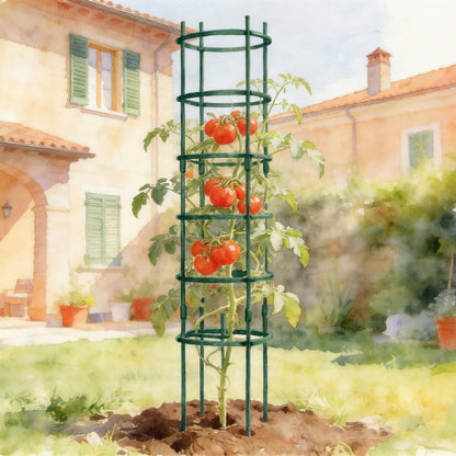 Three 6-tier metal tomato support towers arranged in a garden bed supporting tomato plants and vines