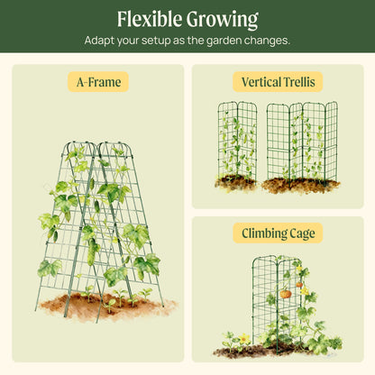 Two black A-frame garden trellises set up over potted climbing plants in a sunny backyard