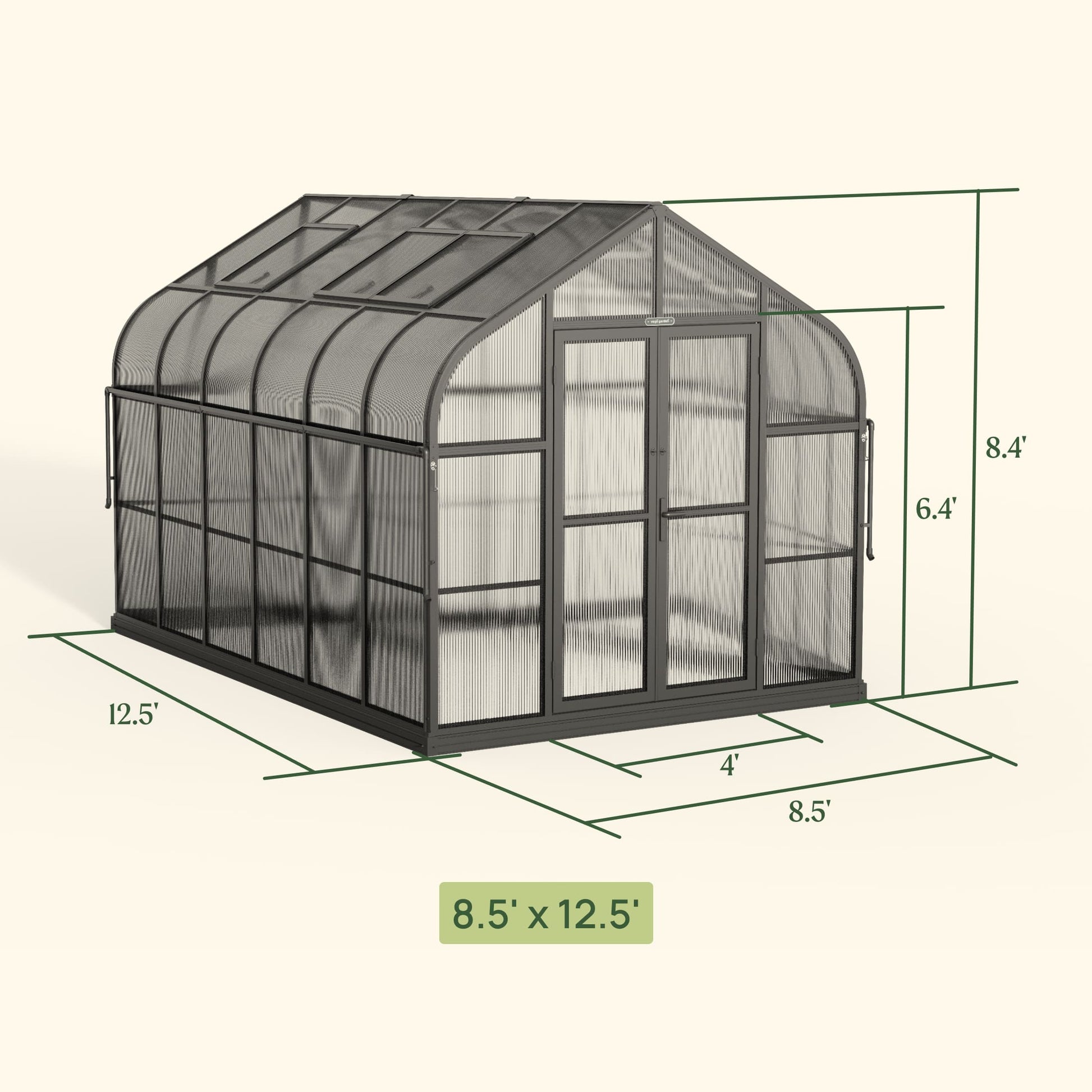 8.5ft wide greenhouse with clear panels and double doors set in a backyard garden