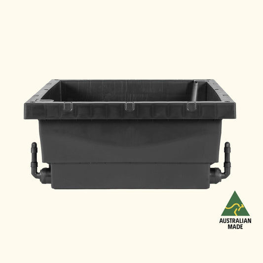 Large self-watering raised garden bed with integrated reservoir and mesh sides for vegetables and herbs