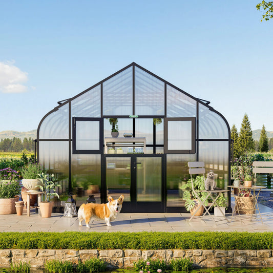 12.5 ft wide greenhouse with arched roof and double doors sitting on a gravel patio surrounded by garden beds