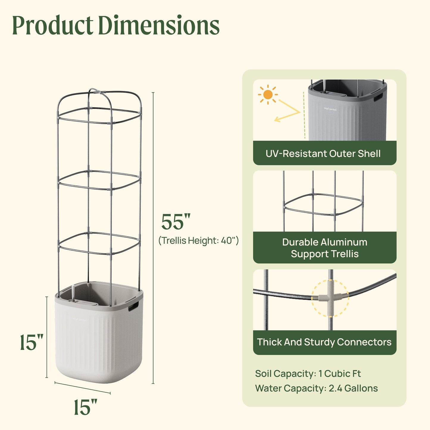 Tall self-watering planter with sturdy trellis supporting multiple healthy tomato plants in a sunny patio setting
