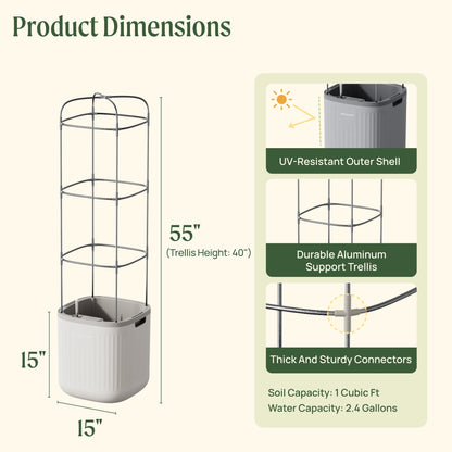 Tall self-watering planter with sturdy trellis supporting multiple healthy tomato plants in a sunny patio setting