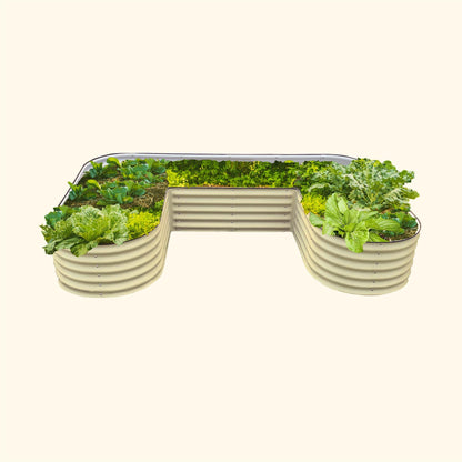 U-shaped 17-inch raised garden bed kit in pine wood, standard height, assembled outdoors with soil and plants