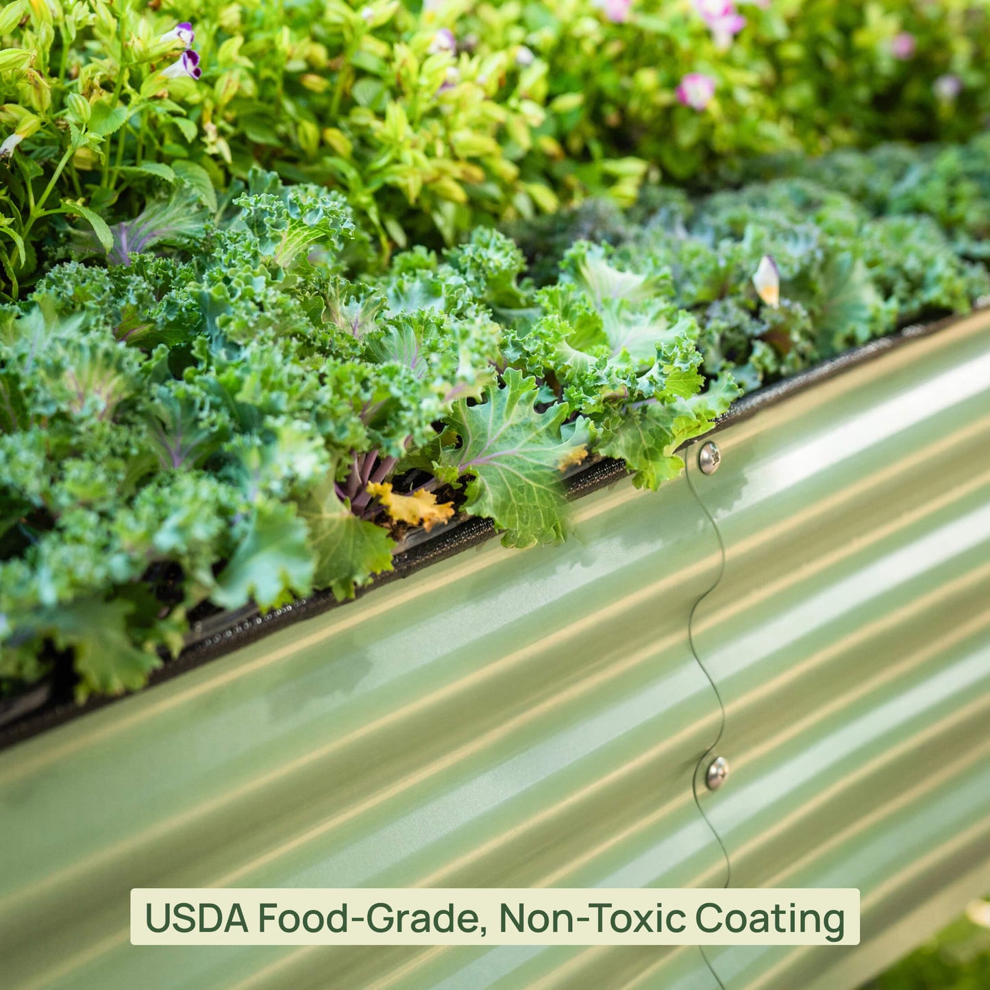 Long raised garden bed planter with wooden slats and soil, suitable for vegetables and herbs