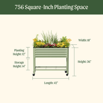 Slim elevated wooden garden bed 1.5 by 3.5 feet filled with soil and young herbs, standing on a backyard deck