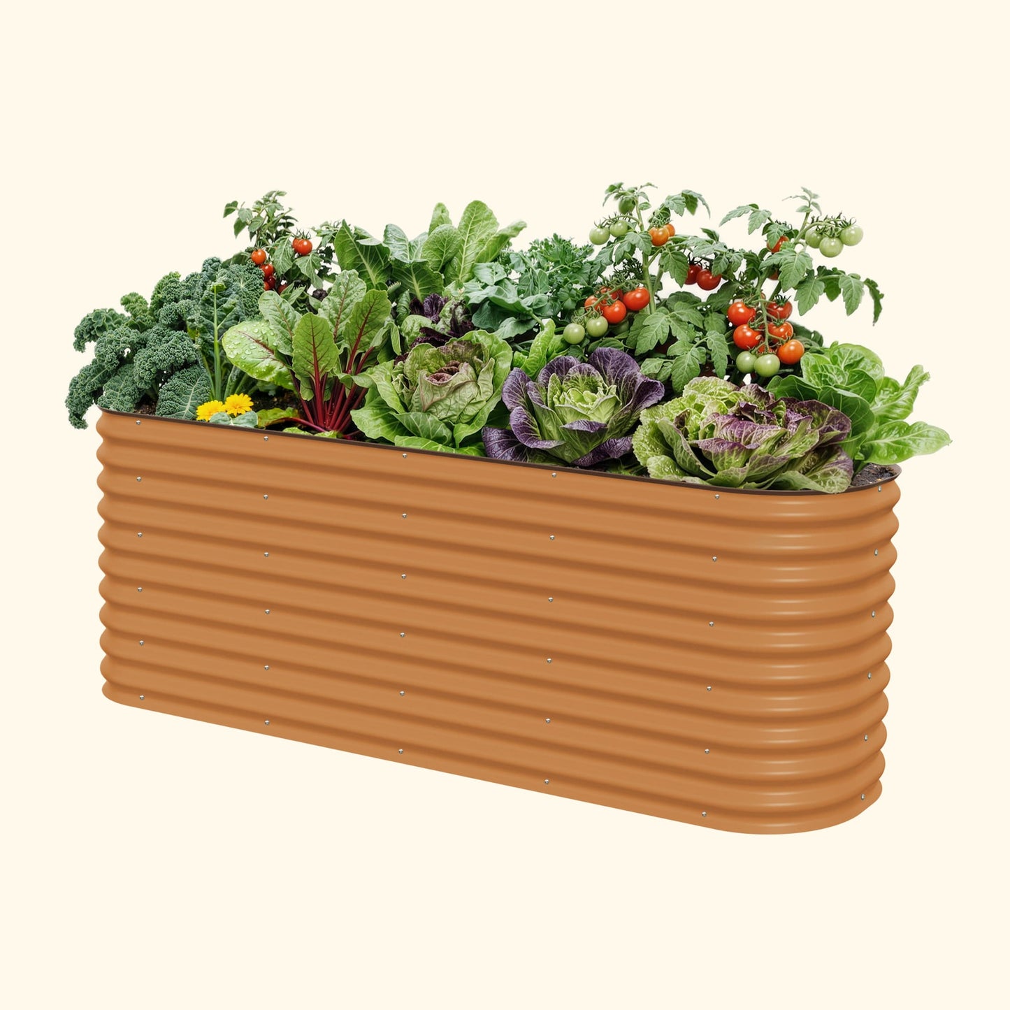 Extra-tall modular metal raised garden bed filled with soil and thriving vegetables on a patio
