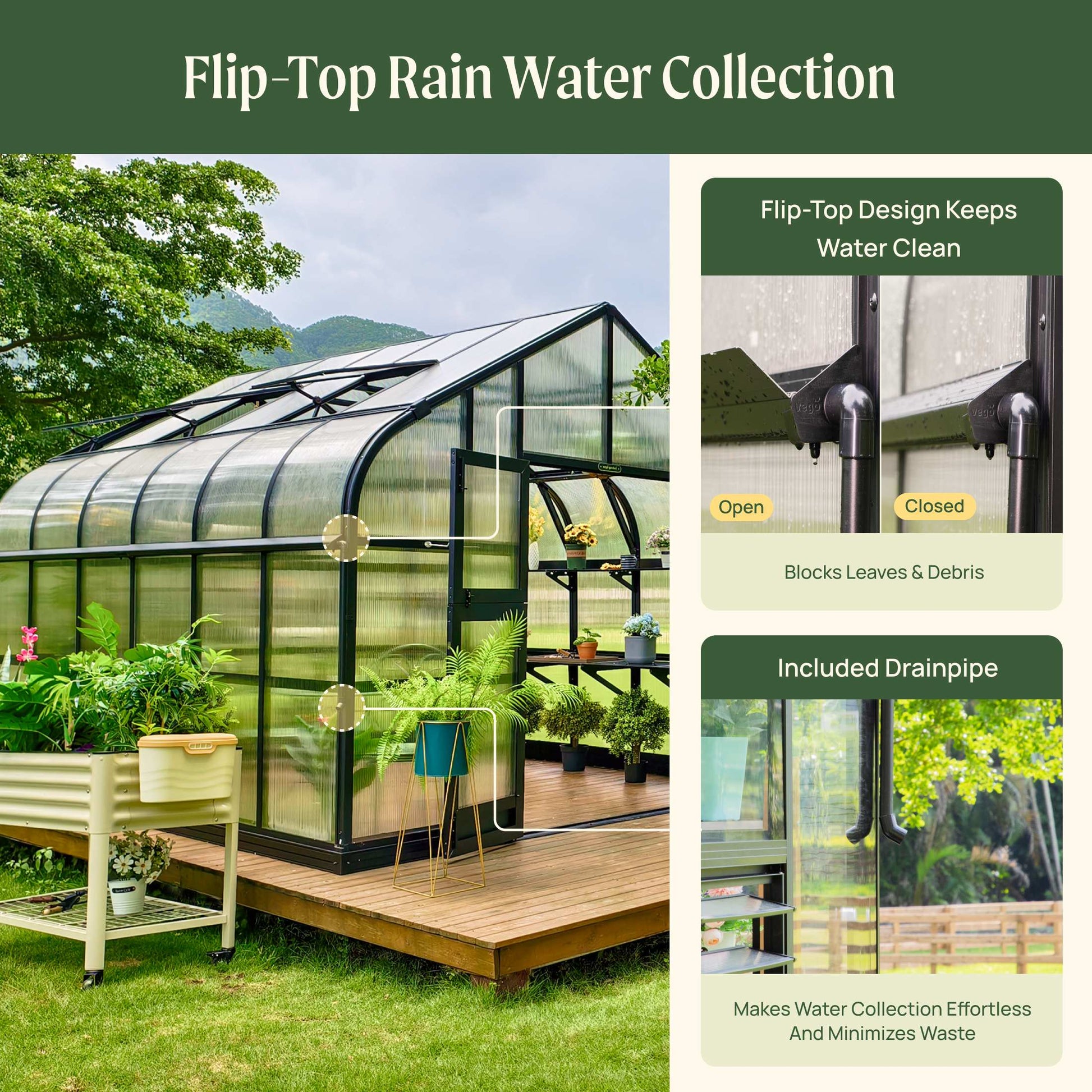 Large 10.5 ft wide greenhouse with arched roof, clear panels, and double doors set in a backyard garden