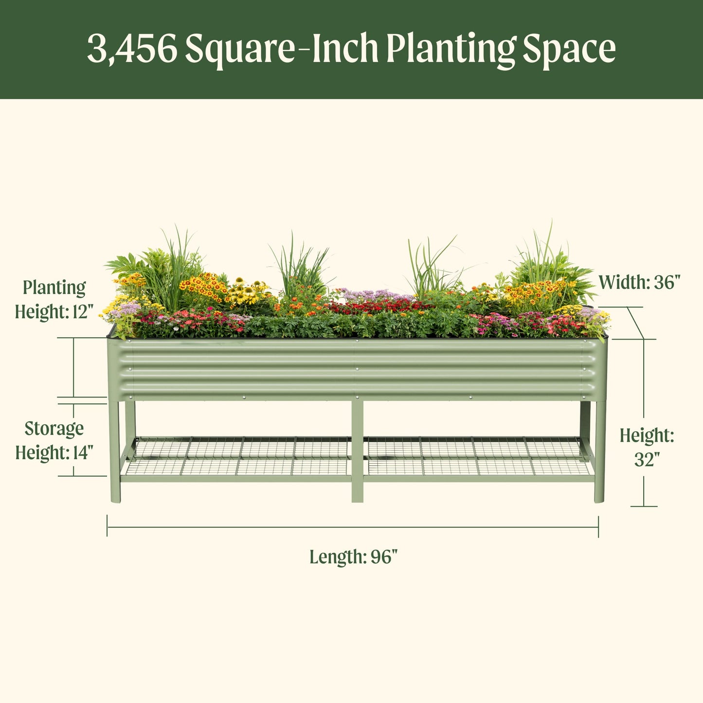 Raised wooden garden bed 3x8 feet with trellis and leafy green vegetables growing
