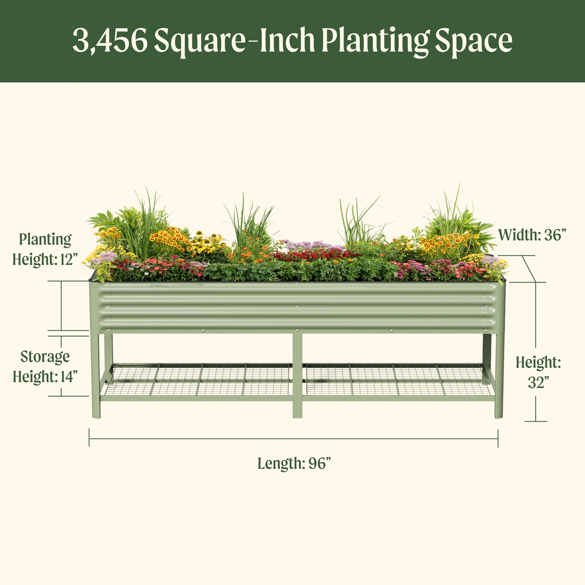Raised wooden garden bed 3x8 feet with trellis and leafy green vegetables growing