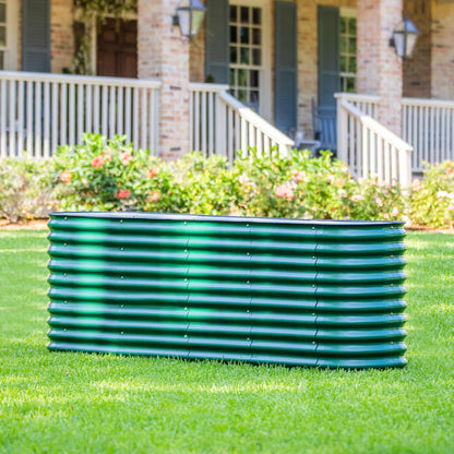 Extra-tall 32-inch modular metal raised garden bed assembled outdoors with lush vegetables and herbs planted inside